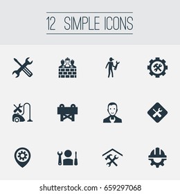 Vector Illustration Set Of Simple Fixing Icons. Elements Craftsman, Vacuum Cleaner, Caution And Other Synonyms Vacuum, Builder And Team.