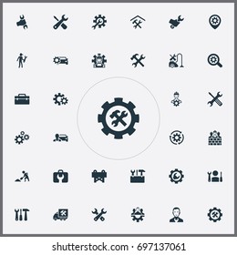 Vector Illustration Set Of Simple Fixing Icons. Elements Refit, Toolbox, Workman And Other Synonyms Van, Toolkit And Caution.