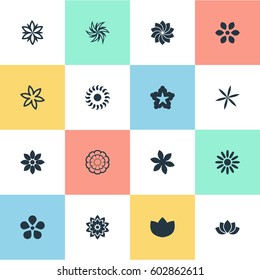 Vector Illustration Set Of Simple Flower Icons. Elements Lilac, Gerberas;, Camomile And Other Synonyms Narcissus, Morning Glory And Dahlia.
