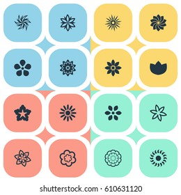 Vector Illustration Set Of Simple Flower Icons. Elements Morning Glory, Gerberas;, Cypress And Other Synonyms Rose, Saffron And Laurel.
