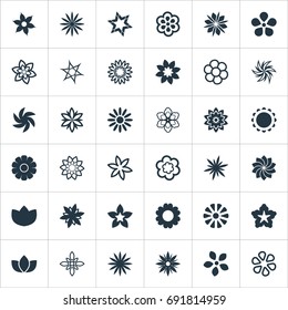 Vector Illustration Set Of Simple Flower Icons. Elements Peonies, Anemone, Decoration And Other Synonyms Water Lily, Lilac And Sunflower.