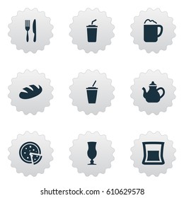 Vector Illustration Set Of Simple Food Icons. Elements Kettle, Pepperoni, Fork With Knife And Other Synonyms Utensil, Pizzeria And Soft.