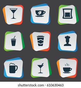 Vector Illustration Set Of Simple Food Icons. Elements Wineglass, Soft Drink, Pub And Other Synonyms Beverage, Champagne And Gastronomy.