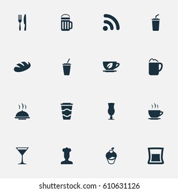 Vector Illustration Set Of Simple Food Icons. Elements Wineglass, Fork With Knife, Beer And Other Synonyms Tray, Utensil And Dish.