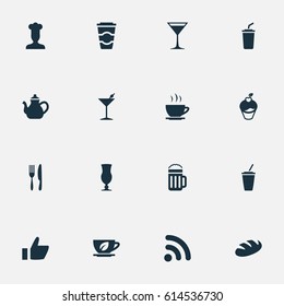 Vector Illustration Set Of Simple Food Icons. Elements Wineglass, Beer, Coffee And Other Synonyms Tea, Gastronomy And Martini.
