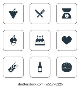 Vector Illustration Set Of Simple Food Icons. Elements Wine, Scales, Passion And Other Synonyms Fork, Pastery And Food.