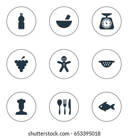 Vector Illustration Set Of Simple Food Icons. Elements Seafood, Christmas Cookies, Rinser And Other Synonyms Water, Ocean And Gingerbread.