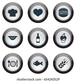 Vector Illustration Set Of Simple Food Icons. Elements Seafood, Wine, Chief Cook And Other Synonyms Colander, Fast And Wine.