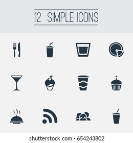 Vector Illustration Set Of Simple Food Icons. Elements Fork With Knife, Espresso, Wireless Connection And Other Synonyms Champagne, Laying And Pizza.