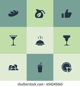 Vector Illustration Set Of Simple Food Icons. Elements Margarita, Pepperoni, Wineglass And Other Synonyms Like, Cocktail And Dish.