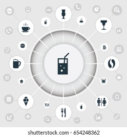 Vector Illustration Set Of Simple Food Icons. Elements Sandwich, Lemonade, Cupcake Synonyms Cutlery, Wineglass And Goblet.