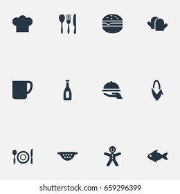 Vector Illustration Set Of Simple Food Icons. Elements Cutlery, Seafood, Balsamic Vinegar And Other Synonyms Bottle, Hot And Potholders.