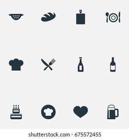 Vector Illustration Set Of Simple Food Icons. Elements Chopping Wood, Table Setting, Loaf And Other Synonyms Chef, Wine And Bottle.