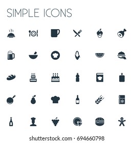 Vector Illustration Set Of Simple Food Icons. Elements Christmas Cookies, Hot Dish, Loaf And Other Synonyms Beer, Grape And Bakery.