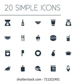 Vector Illustration Set Of Simple Food Icons. Elements Scales, Dinner, Chopping Wood And Other Synonyms Rinser, Weighing And Dinner.