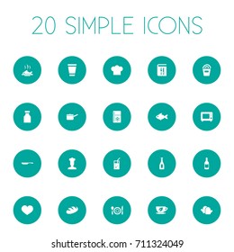 Vector Illustration Set Of Simple Food Icons. Elements Chief Cook, Friedge, Herbal Drink And Other Synonyms Bakery, Pan And Gloves.