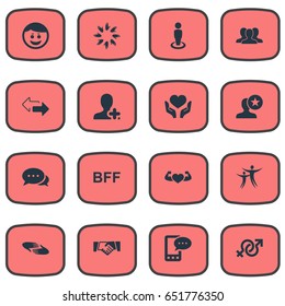 Vector Illustration Set Of Simple Friends Icons. Elements Singleness, Heart In Hand, Friendship Synonyms Handshake, Favorite And Union.