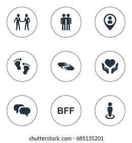 Vector Illustration Set Of Simple Friends Icons. Elements Fellows, Singleness, Gossip And Other Synonyms Fellows, Charity And Friendship.