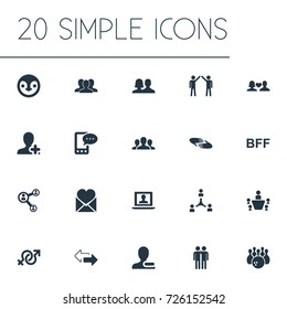 Vector Illustration Set Of Simple Friends Icons. Elements Charity, Partner, Enamored And Other Synonyms Crowd, Group And Couple.