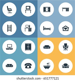Vector Illustration Set Of Simple Furnishings Icons. Elements Trestle, Flat-Screen, Armchair And Other Synonyms Sofa, Call And Dial.