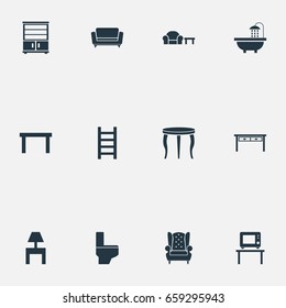 Vector Illustration Set Of Simple Furnishings Icons. Elements Cupboard, Sofa, Sideboard And Other Synonyms Cupboard, Toilet And Board.