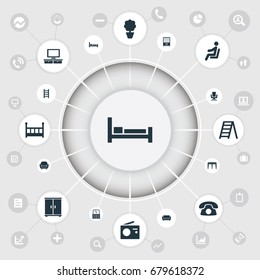 Vector Illustration Set Of Simple Furnishings Icons. Elements Telly, Bench, Chest Drawers And Other Synonyms Seat, Children And Dial.