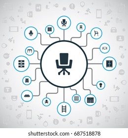 Vector Illustration Set Of Simple Furnishings Icons. Elements Container, Seat, Davenport And Other Synonyms Seat, Service And Cinema.