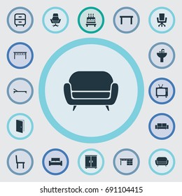 Vector Illustration Set Of Simple Furnishings Icons. Elements Office Armchair, Tv, Trestle And Other Synonyms Desk, Furniture And Birthday.