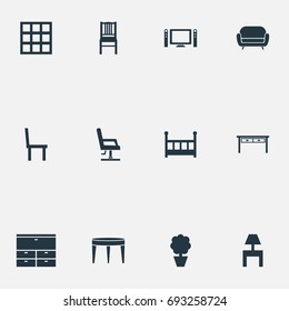 Vector Illustration Set Of Simple Furnishings Icons. Elements Plant, Sideboard, Chair And Other Synonyms Cushion, Children And Locker.