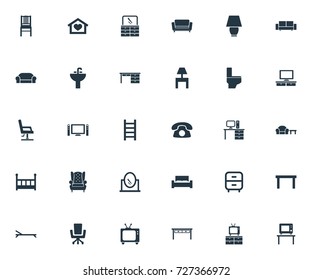 Vector Illustration Set Of Simple Furnishings Icons. Elements Stillage, Sideboard, Tv And Other Synonyms Sofa, Stairway And Call.