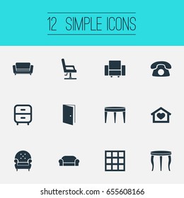 Vector Illustration Set Of Simple Furniture Icons. Elements Armchair, Contemporary Design, Ring Up And Other Synonyms Entry, Cabinet And Design.