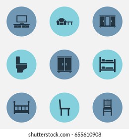 Vector Illustration Set Of Simple Furniture Icons. Elements Bathroom, Bunk Bed, Chair And Other Synonyms Television, Bathroom And Chair.