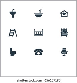 Vector Illustration Set Of Simple Furniture Icons. Elements Bathroom, Dwelling, Ring Up And Other Synonyms Call, Work And Footway.