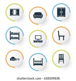 Vector Illustration Set Of Simple Furniture Icons. Elements Bunk Bed, Wardrobe, Chair And Other Synonyms Bed, Furniture And Television.