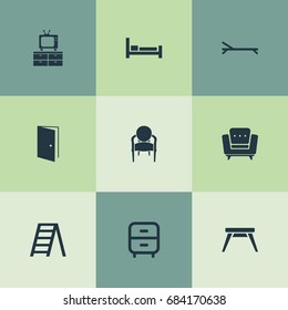 Vector Illustration Set Of Simple Furniture Icons. Elements Easychair, Elegant Style, Sunbathing And Other Synonyms Bed, Stairs And Vintage.