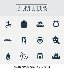 Vector Illustration Set Of Simple Fuse Icons. Elements Bankroll, Guarded, Protect From Torrent And Other Synonyms Card, Banking And Estate.