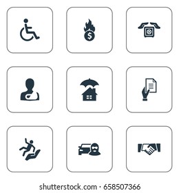 Vector Illustration Set Of Simple Fuse Icons. Elements Contract, Bankroll, Real Estate And Other Synonyms Sheet, Handshake And Estate.
