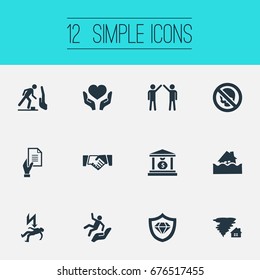 Vector Illustration Set Of Simple Fuse Icons. Elements Stumbling Warning, Slide Down, Agreement And Other Synonyms Skull, Money And Protect.