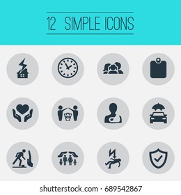 Vector Illustration Set Of Simple Fuse Icons. Elements Safeguard , Health Guarantees, Heart In Hand Synonyms Insurance, Automobile And Palm.