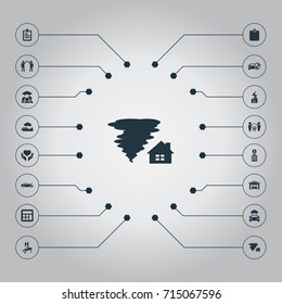 Vector Illustration Set Of Simple Fuse Icons. Elements Job Accord, Automobile Damage, Reliability And Other Synonyms Electrocution, Economy And Weather.