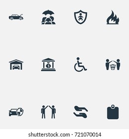 Vector Illustration Set Of Simple Fuse Icons. Elements Vehicle Assurance, Banking House, Job Accord And Other Synonyms Garage, Fire And Protection.