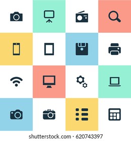 Vector Illustration Set Of Simple Gadget Icons. Elements Camcorder, Save, Photographing And Other Synonyms Projector, Photographing And Board.