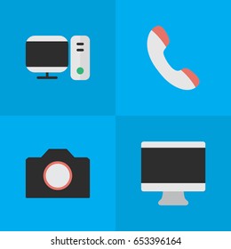 Vector Illustration Set Of Simple Gadget Icons. Elements Screen, Photo Apparatus, PC And Other Synonyms Computer, Handset And Phone.