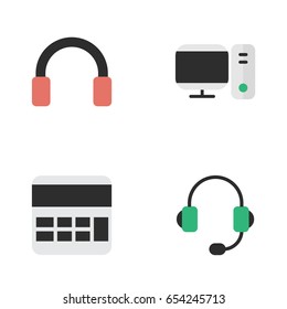 Vector Illustration Set Of Simple Gadget Icons. Elements Headphone, Microphone, Accounting And Other Synonyms Computer, Headphone And Earphone.