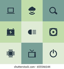 Vector Illustration Set Of Simple Gadget Icons. Elements Accumulator, Woofer, Processor And Other Synonyms Display, Search And Power.