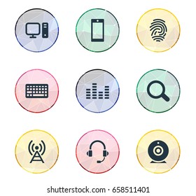 Vector Illustration Set Of Simple Gadget Icons. Elements Broadcast, Magnifier, Thumbprint And Other Synonyms Keyboard, Bar And Tower.