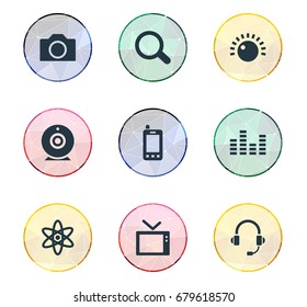 Vector Illustration Set Of Simple Gadget Icons. Elements Music Equalizer, Headphones, Photography And Other Synonyms Molecular, Telephone And Volume.