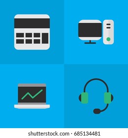 Vector Illustration Set Of Simple Gadget Icons. Elements Notebook, PC, Microphone And Other Synonyms PC, Screen And Monitor.