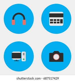 Vector Illustration Set Of Simple Gadget Icons. Elements Headphone, Photo Apparatus, Accounting And Other Synonyms Accounting, Camera And PC.