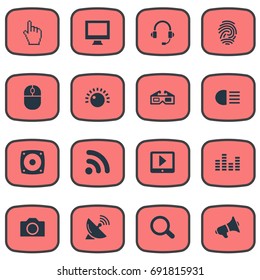 Vector Illustration Set Of Simple Gadget Icons. Elements Volume Control, Loudspeaker, Satellite Antenna And Other Synonyms Bar, Magnifier And Signal.